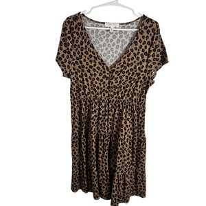 Planet Gold Plus Leopard Print Tiered V Neck Button Front Short Sleeve Dress 0X